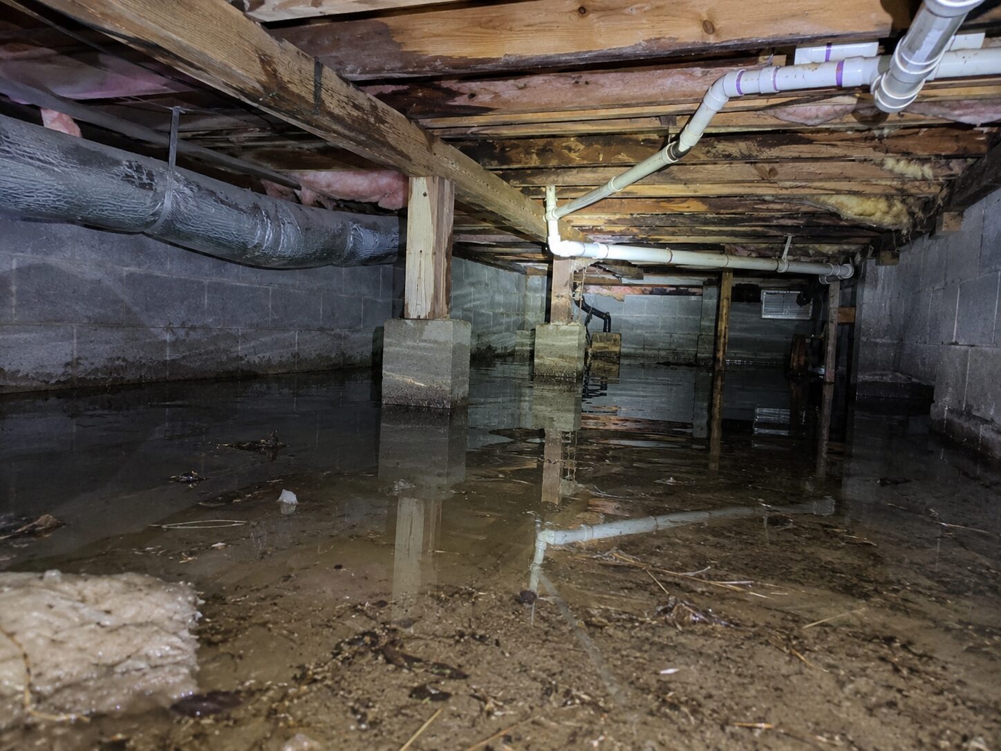 Standing water covering the ground of a crawl space beneath a house, with block piers, floor joists and sagging insulation above the waterline