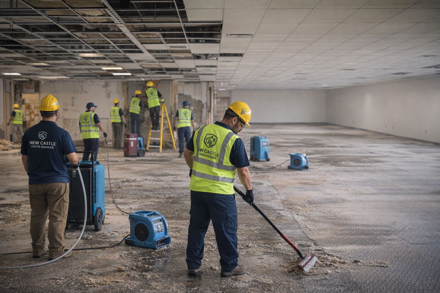 New Castle Water Damage crew in hard hats and hi-vis vests clearing debris and running air movers and dehumidifiers across a large flood-damaged interior