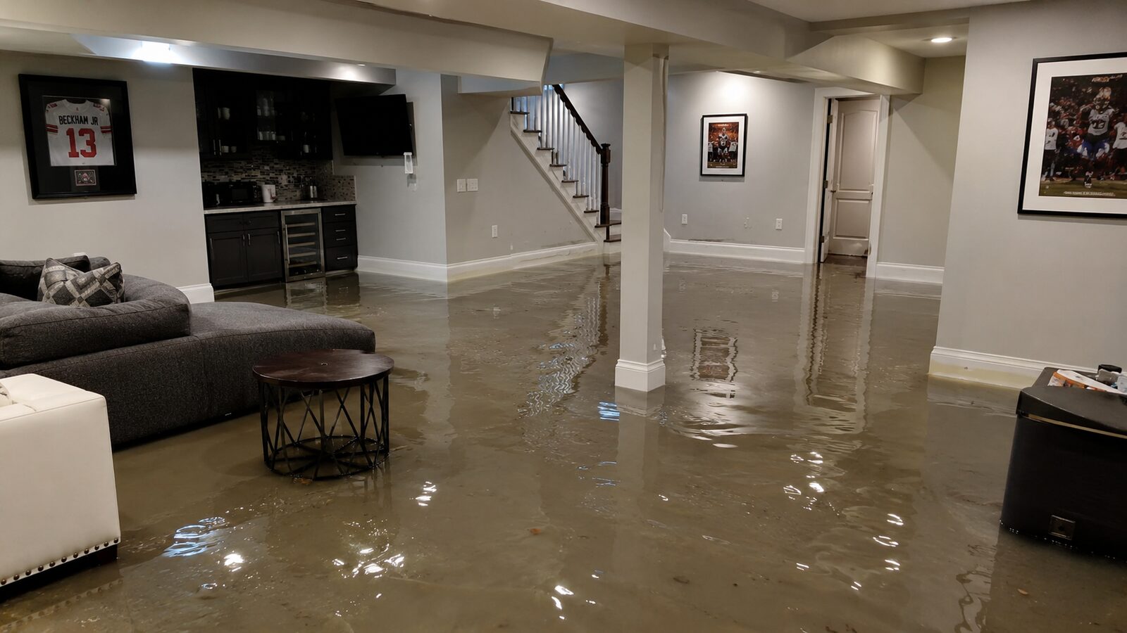 Standing water covering the floor of a finished basement, rising past the baseboards around a sectional sofa, bar area and stairs