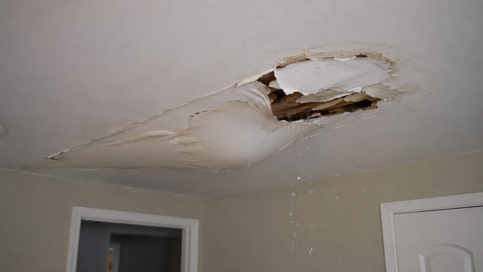 Ceiling drywall broken open below a roof leak, with water staining spreading across the ceiling and drips falling to the floor below