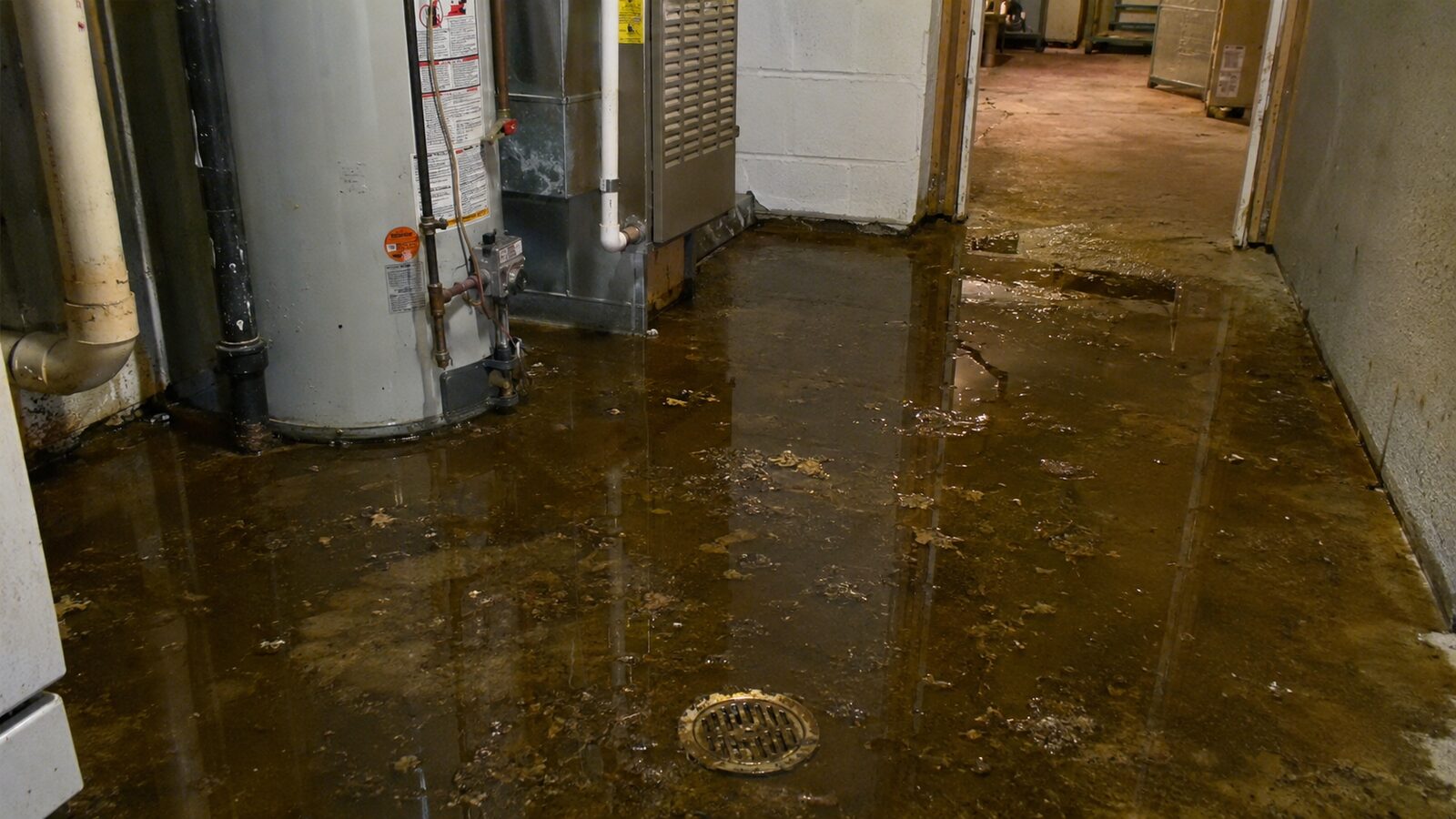 Contaminated water standing across a basement floor around an open floor drain, next to a water heater and furnace