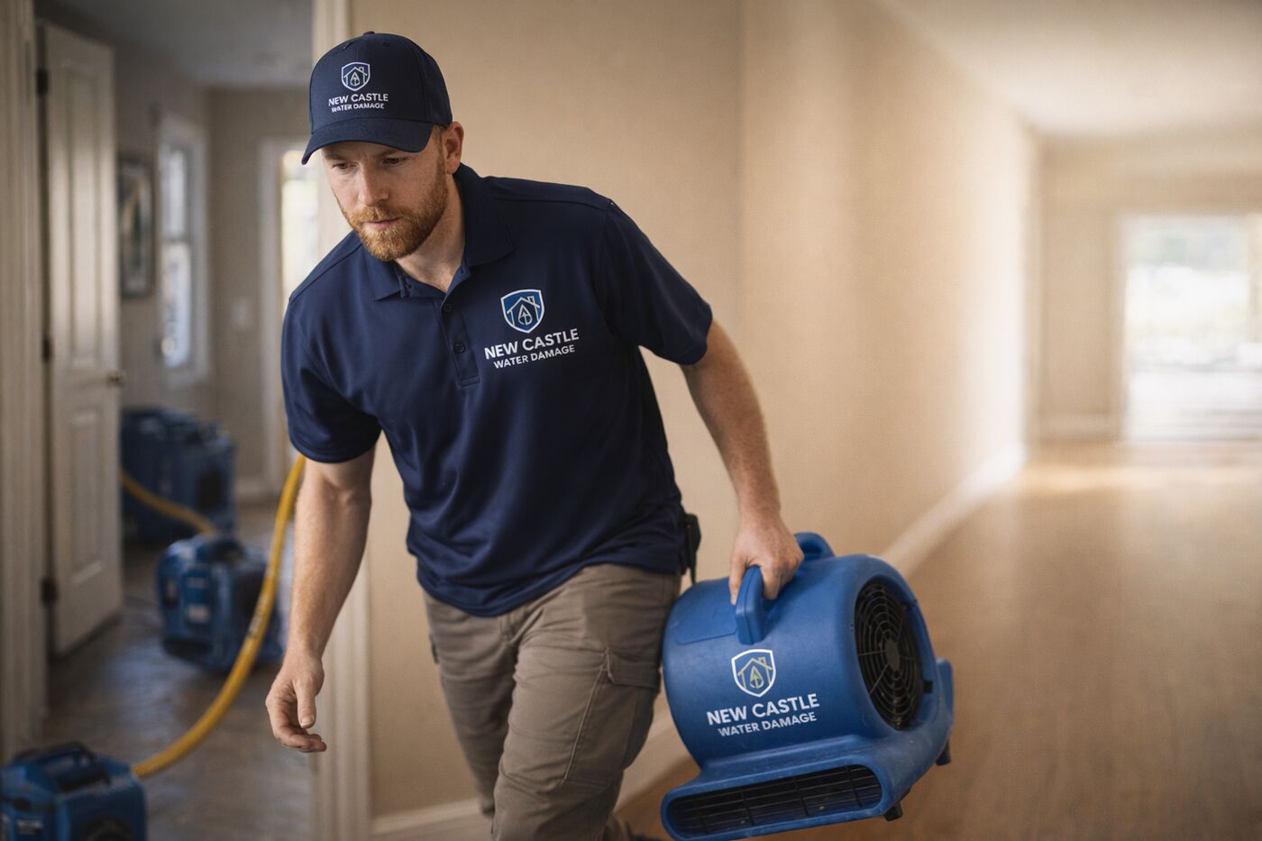 New Castle Water Damage technician in a branded cap and polo carrying a blue air mover along a home hallway, with more drying equipment behind him