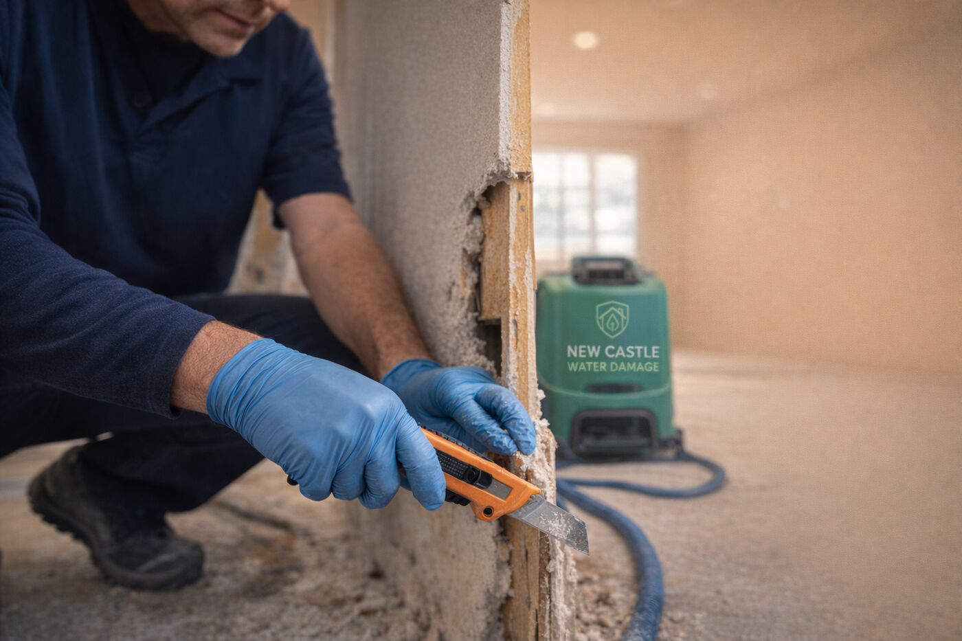 New Castle Water Damage technician in gloves cutting away water-damaged drywall at the base of a wall, with a portable dehumidifier running behind him