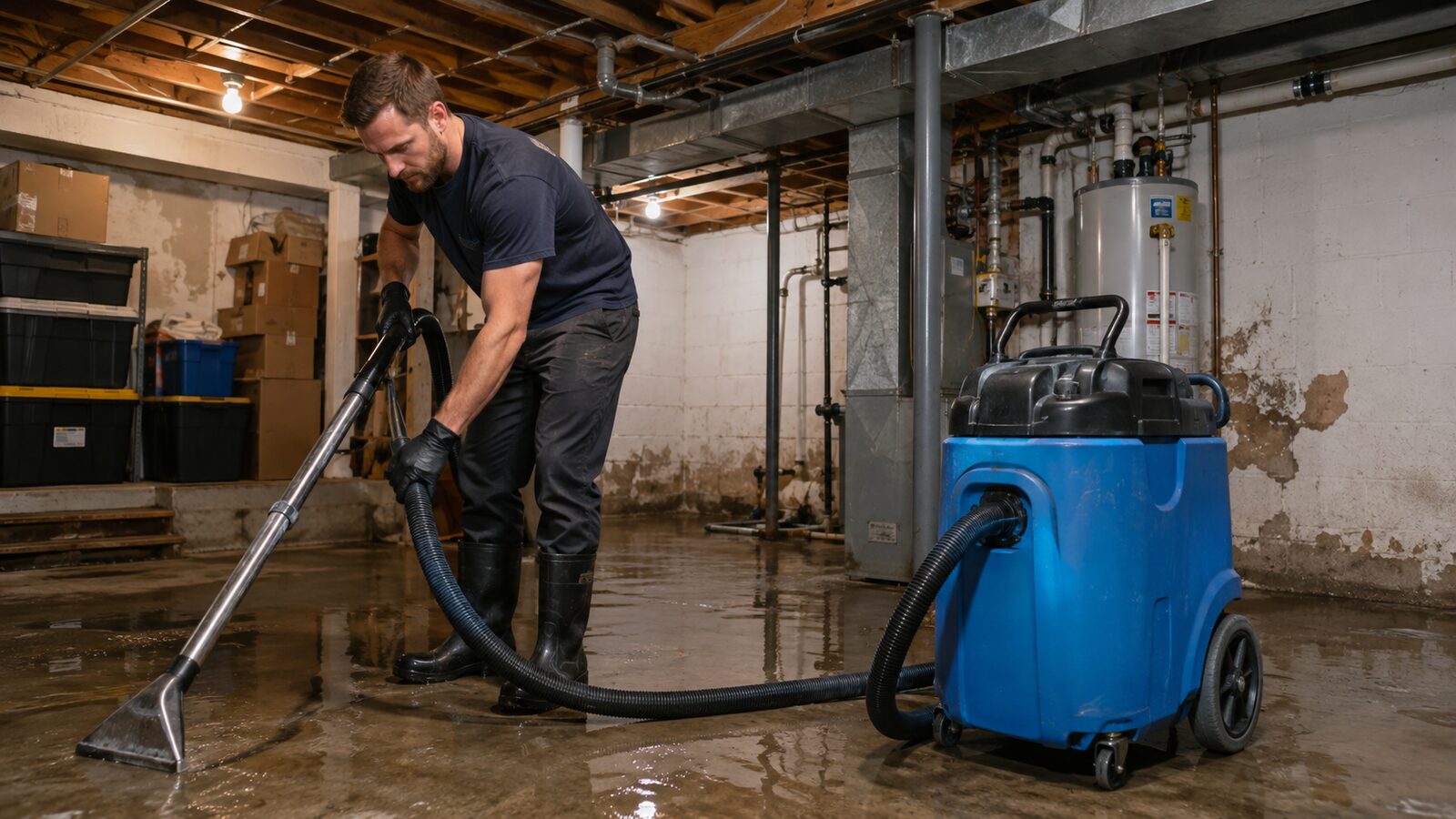 Technician pulling standing water off a basement floor with an extraction wand connected to a wheeled wet vacuum